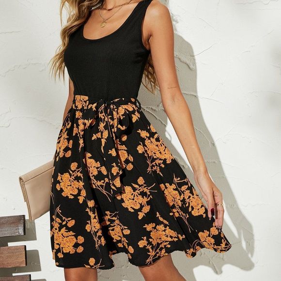 New Floral Print Belted Dress Black and Yellow Orange - Picture 2 of 6